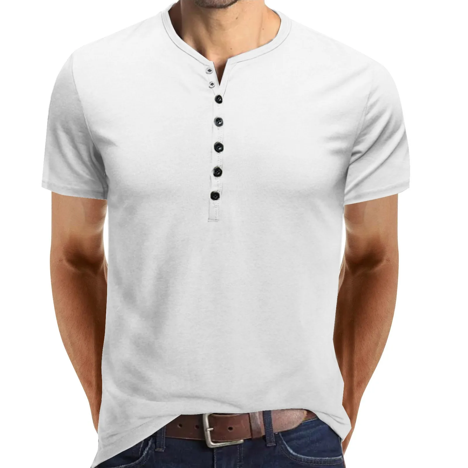 Mens Spring And Summer Button Round Neck Solid Color Blouse Short Sleeved Top Bottoming Shirt Black White Striped Shirt Men 
Mens Spring And Summer Button Round Neck Solid Color Blouse Short Sleeved Top Bottoming Shirt Black White Striped Shirt Men