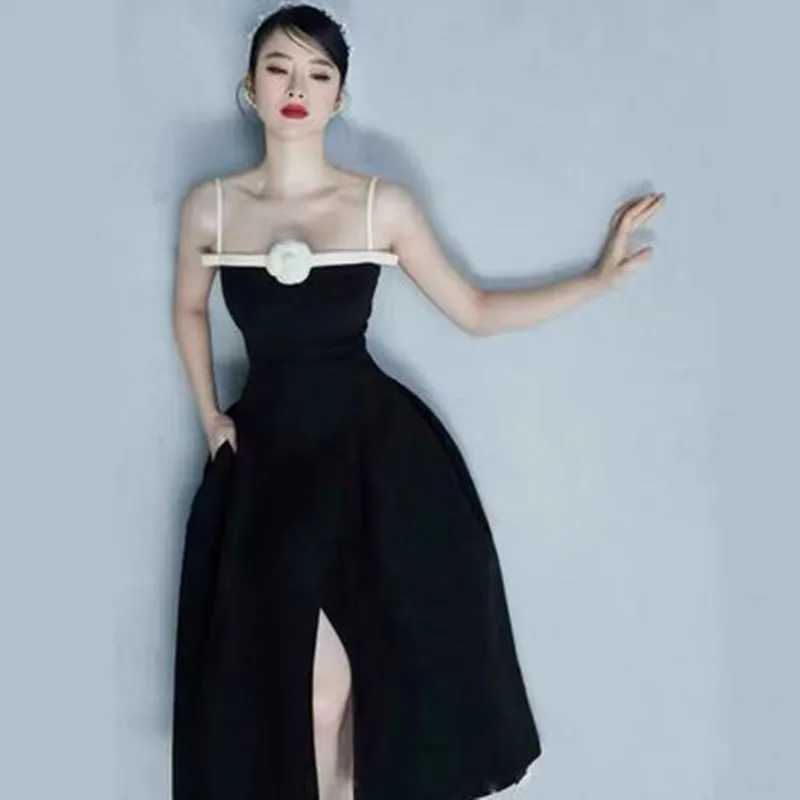

Женское модельное платье на бретелях-спагетти, Черное длинное платье с разрезом спереди и высокой талией, привлекательное белое платье с цветочным принтом и открытой спиной, лето