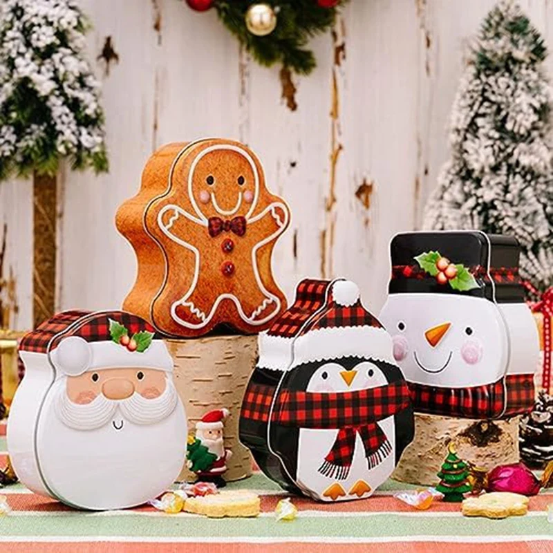 

Контейнер для конфет, рождественские жестяные пустые стеллажи для печенья, прочный контейнер для хранения подарков с мультяшным Санта-Клаусом
