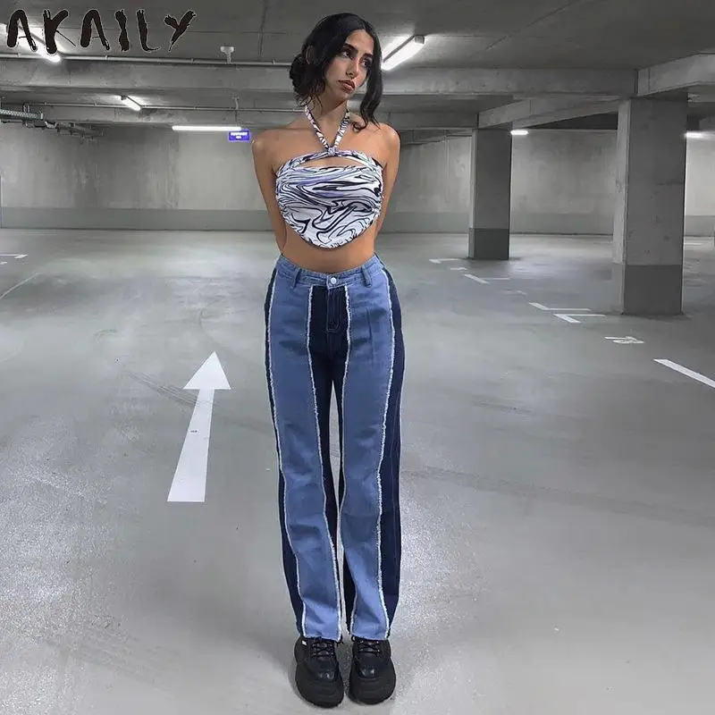 

Akaily Autumn Winter Street Patchwork Baggy Jeans Women High Waist Flare Jeans Female 2022 Causal Fashion Straight Leg Jeans