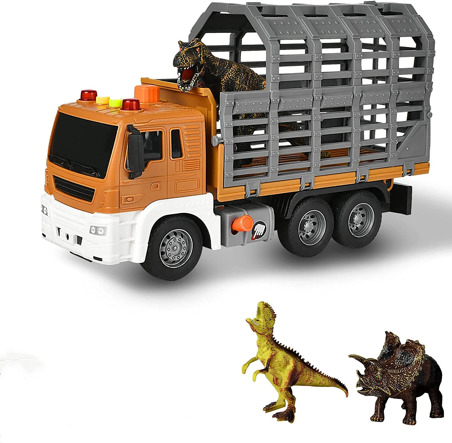 

Dinosaur Dump Truck with cage Sound and Light Toy Trucks with 4 Dinosaurs Friction-Powered Toy Truck