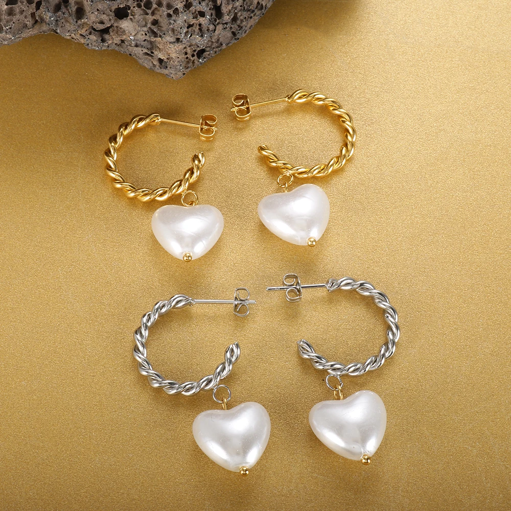 

Stainless Steel Twist Earrings Peach Heart Shaped Pearl Drop Earrings for Women Girls Trendy Party Ear Jewelry Gift