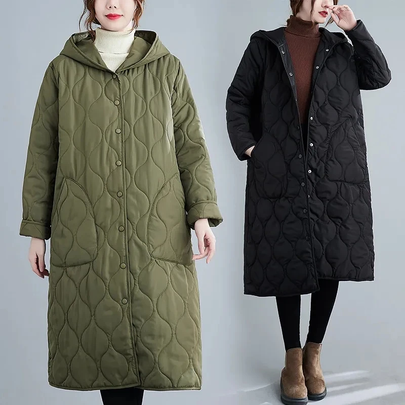 

Теплая свободная парка с капюшоном, Женское пальто, новинка на осень и зиму, женское винтажное зеленое хлопковое пальто, Толстая куртка средней длины с хлопковой подкладкой