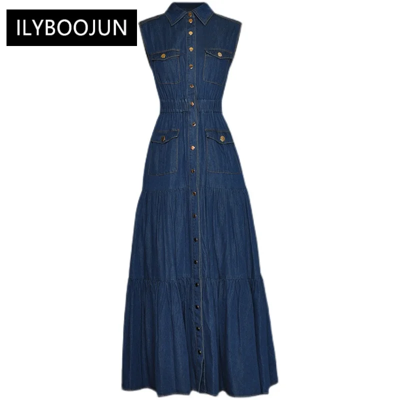 Dresses For Women 2023 Summer Runway Luxury OL Polo Neck Sleeveless Single Breasted Grace Casual Lake Blue Ankle-Length Dress
Dresses For Women 2023 Summer Runway Luxury OL Polo Neck Sleeveless Single Breasted Grace Casual Lake Blue Ankle-Length Dress