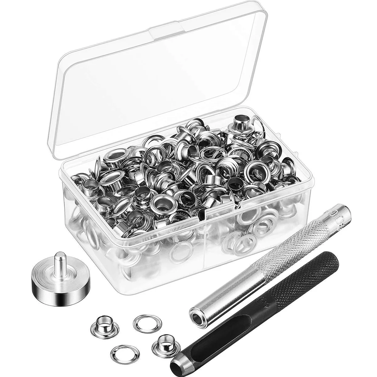 100Pcs Metal Eyelets Set 6mm Grommet Rings Kit with Mounting Punch Rod for DIY Accessories Leather Craft Clothing Repair
100Pcs Metal Eyelets Set 6mm Grommet Rings Kit with Mounting Punch Rod for DIY Accessories Leather Craft Clothing Repair