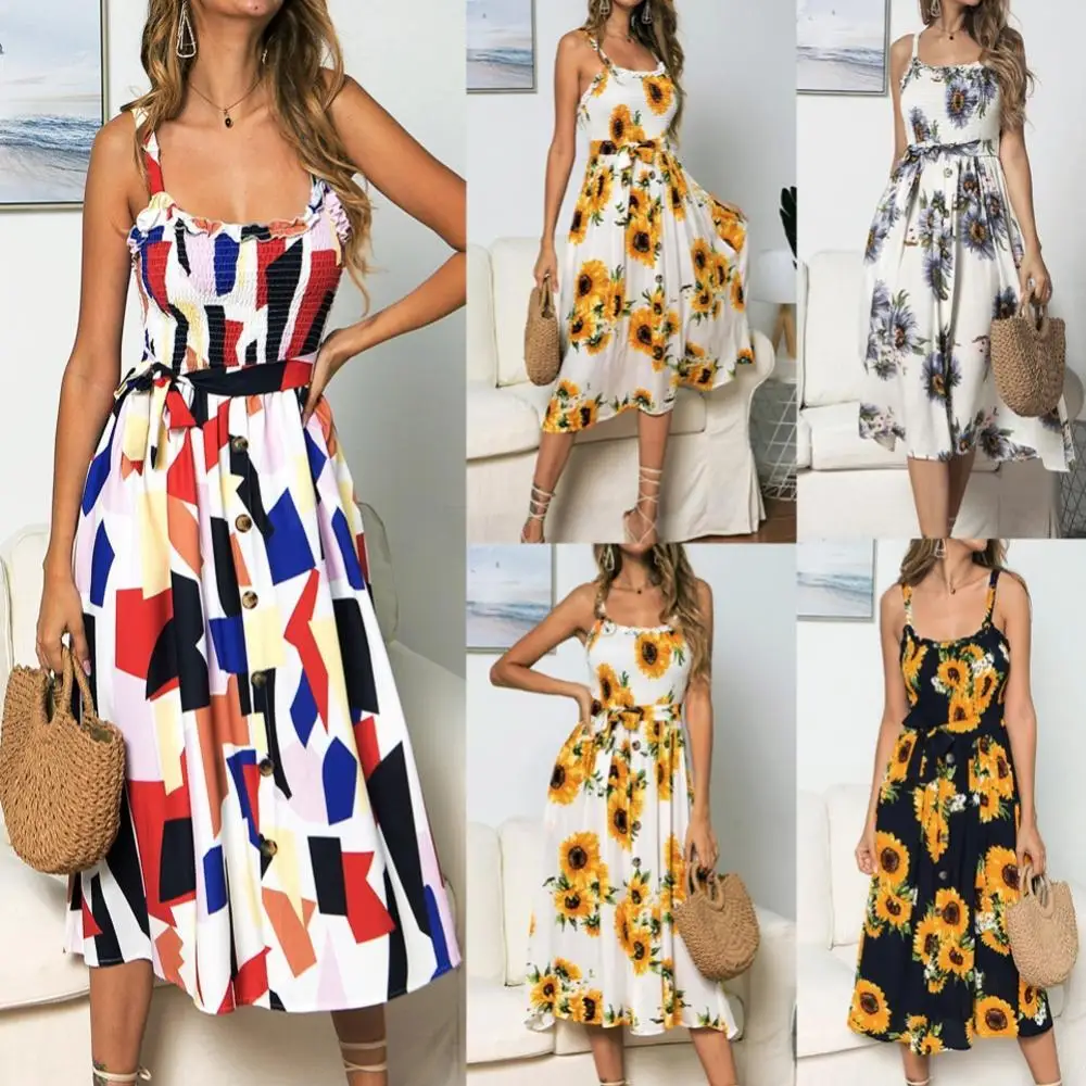 Summer Women Sling Dress Sling Fashion Dress Floral Print Button Bohemia Style Beach Holiday Dress
Summer Women Sling Dress Sling Fashion Dress Floral Print Button Bohemia Style Beach Holiday Dress