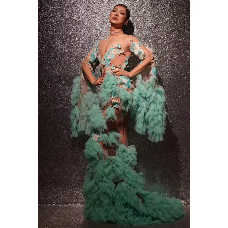 Evening Party Catwalk Floral Trailing Floor-length Dresses Singer Host Model Transparent Mermaid Long Dress Sexy Stage Costume
Evening Party Catwalk Floral Trailing Floor-length Dresses Singer Host Model Transparent Mermaid Long Dress Sexy Stage Costume