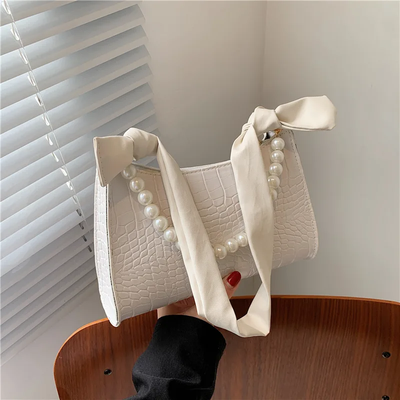 

New Fashion Popular Pearl Handbag Women's Design Knot Underarm Bag Solid Color Crocodile Shoulder Bag Women's Bag