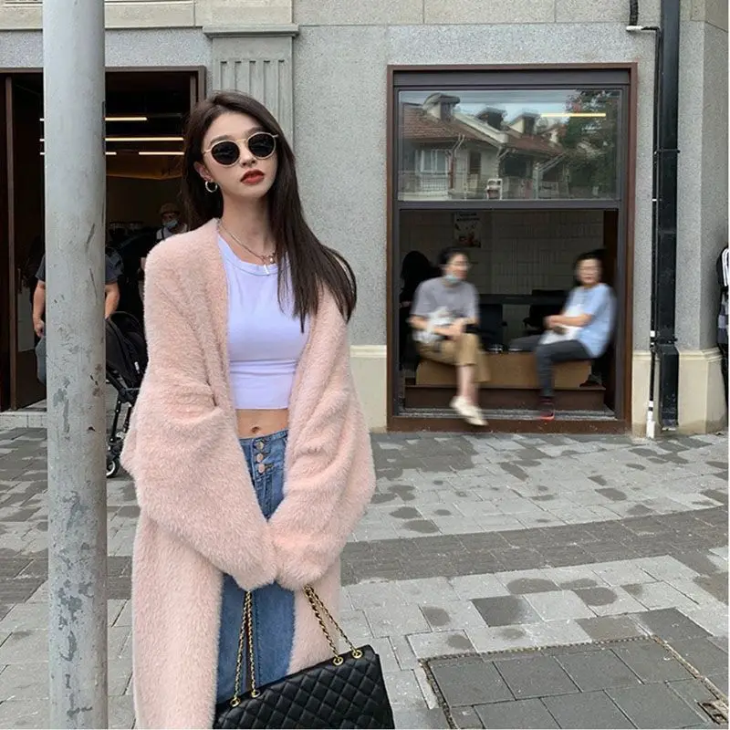 

BEENLE Winter Mid-length Autumn Winter Mink Down Sweater Cardigan Solid Casual Loose Coats Korean Fashion Long Jackets for Woman