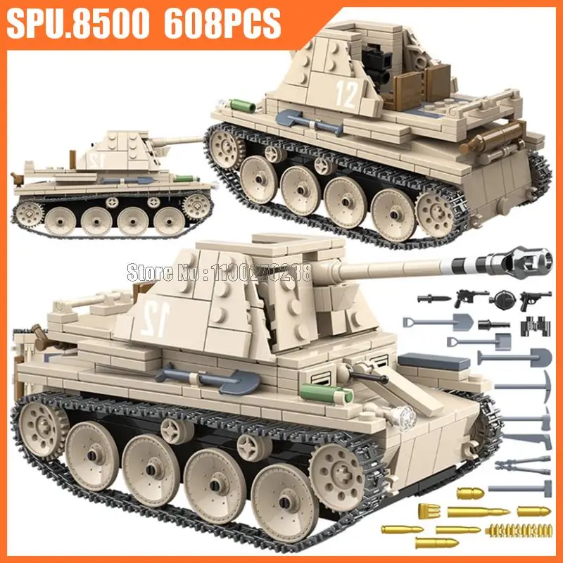 100083 608pcs Ww2 Military German Weasel Tank Self Propelled Anti Tank Gun Weapon Army Boy 3 Dolls Building Blocks Toy Children
100083 608pcs Ww2 Military German Weasel Tank Self Propelled Anti Tank Gun Weapon Army Boy 3 Dolls Building Blocks Toy Children