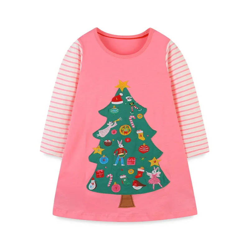 

Jumping Meters New Year Princess Merry Tree Embroidery Cotton Girls Dresses Party Children's Costume Long Sleeve Autumn Kids