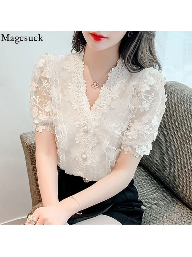 Sweet Summer Lace Flower Jacquard Blouse Women Short Sleeve Ruffle Mesh Tops 2022 V-neck Ladies Puff Sleeve Shirts Blusas 20048
Sweet Summer Lace Flower Jacquard Blouse Women Short Sleeve Ruffle Mesh Tops 2022 V-neck Ladies Puff Sleeve Shirts Blusas 20048