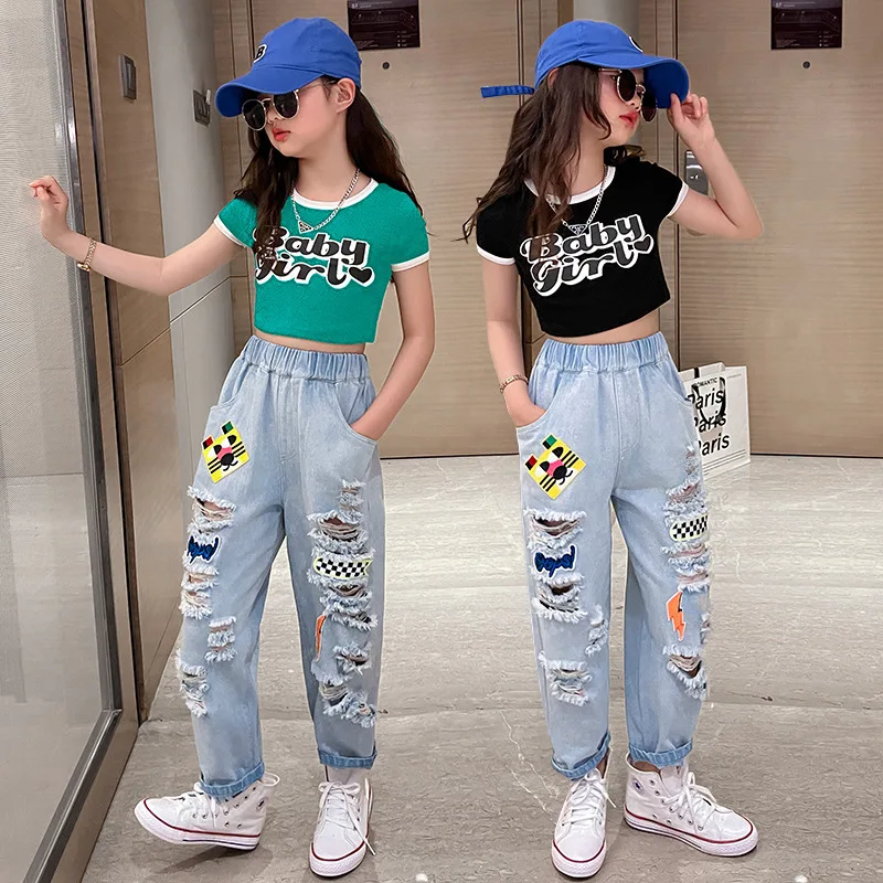 Summer Girls Clothing Sets Hip Hop Crop Tops + Ripped Hole Jeans 2pcs Children Letter Print Outfits Teenage Streetwear Costumes
Summer Girls Clothing Sets Hip Hop Crop Tops + Ripped Hole Jeans 2pcs Children Letter Print Outfits Teenage Streetwear Costumes