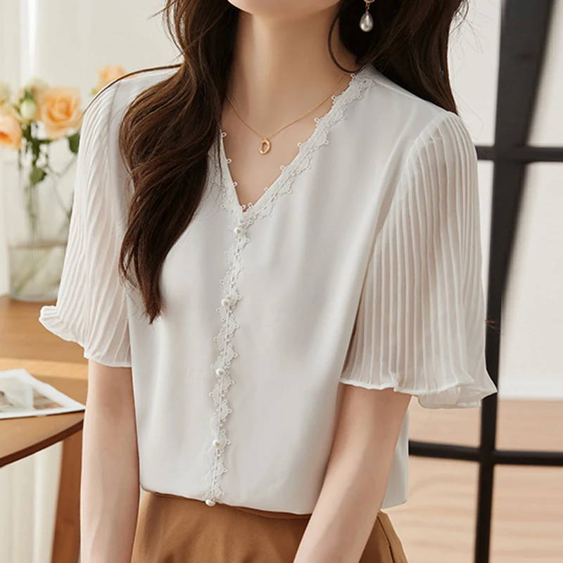 Summer Women Short Sleeve V-Neck Flare Sleeve French Vintage Lace Solid Chiffon Shirt Women Tops Blouse Women Blusas Mujer C882
Summer Women Short Sleeve V-Neck Flare Sleeve French Vintage Lace Solid Chiffon Shirt Women Tops Blouse Women Blusas Mujer C882
