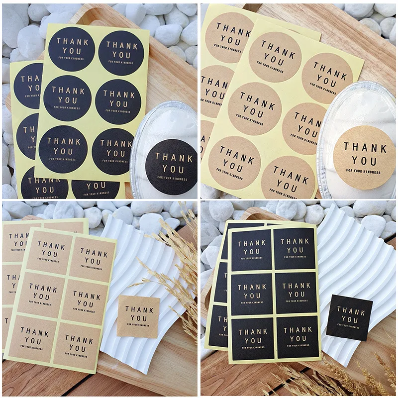 

50Sheets=300pcs Label Thank You Round Square Black Kraft Paper Color Sealing Paste Baking Biscuit Bag Decorative Seal Sticker