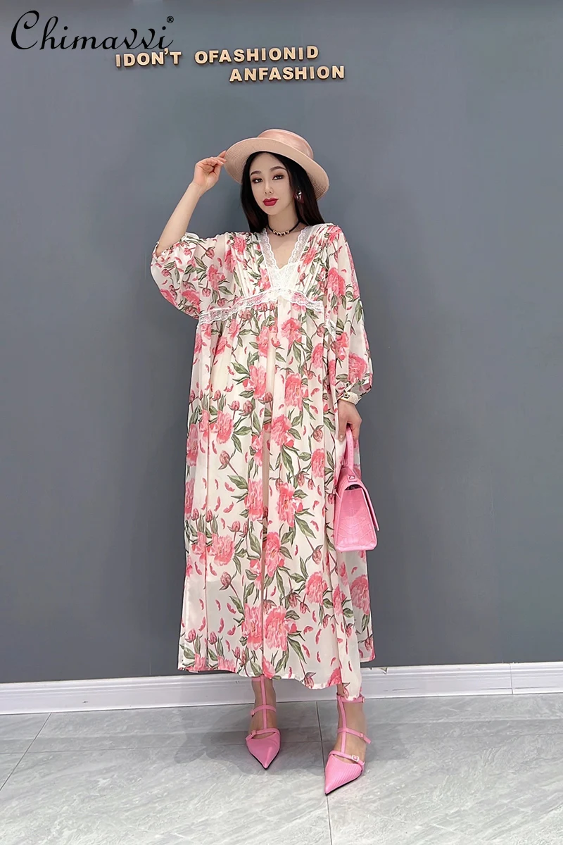 Fashion Dress V-neck Printed Chiffon Dress European Style 2022 Summer Dresses New Loose Temperament Lace Mid-length Dress Women
Fashion Dress V-neck Printed Chiffon Dress European Style 2022 Summer Dresses New Loose Temperament Lace Mid-length Dress Women