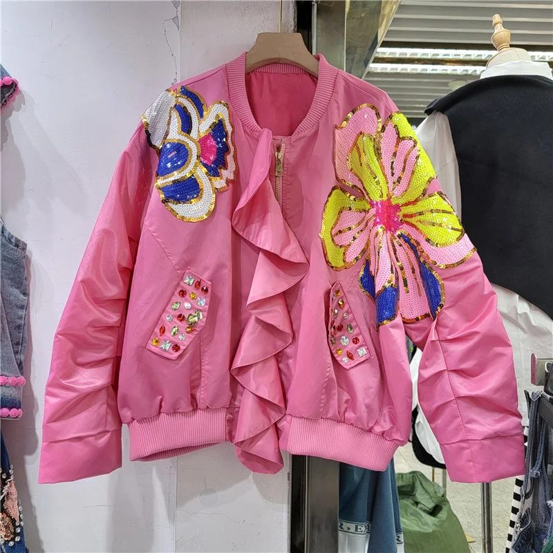 

Korean Ruffled Splicing Diamonds Sequins Baseball Jackets Women Pink Green Khaki Black Stand Collar Bomber Jacket Coat Female