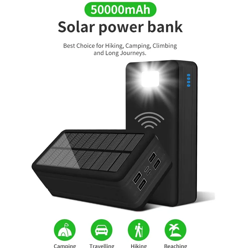 The latest upgraded version of 50000mAh solar wireless power bank outdoor mobile power PD18W super fast charge
The latest upgraded version of 50000mAh solar wireless power bank outdoor mobile power PD18W super fast charge