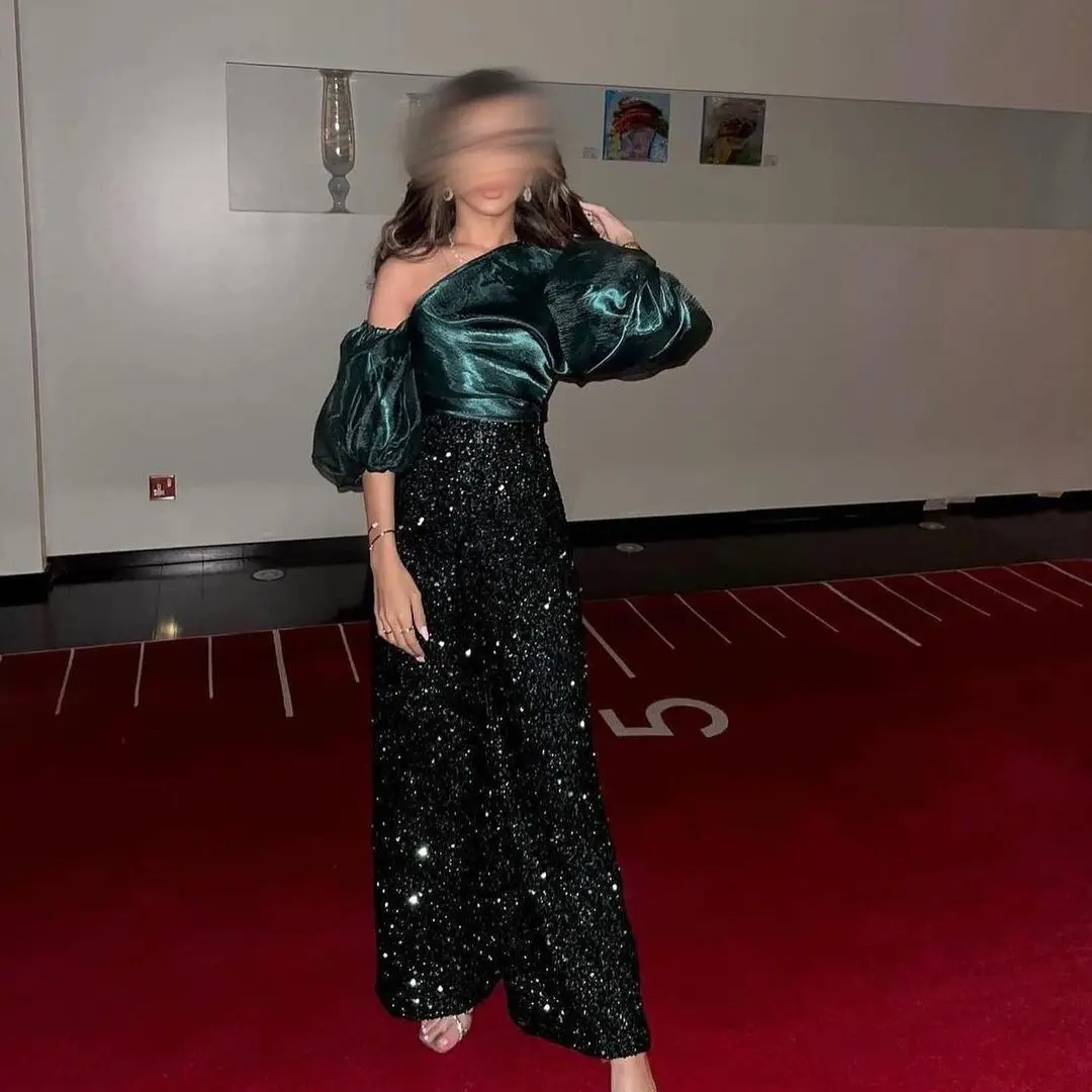 Saudi Arabia Sequins Green Pantsuit Formal Evening Dresses One-Shoulder Puff Sleeves Prom Dresses Elegant Party Gown
Saudi Arabia Sequins Green Pantsuit Formal Evening Dresses One-Shoulder Puff Sleeves Prom Dresses Elegant Party Gown