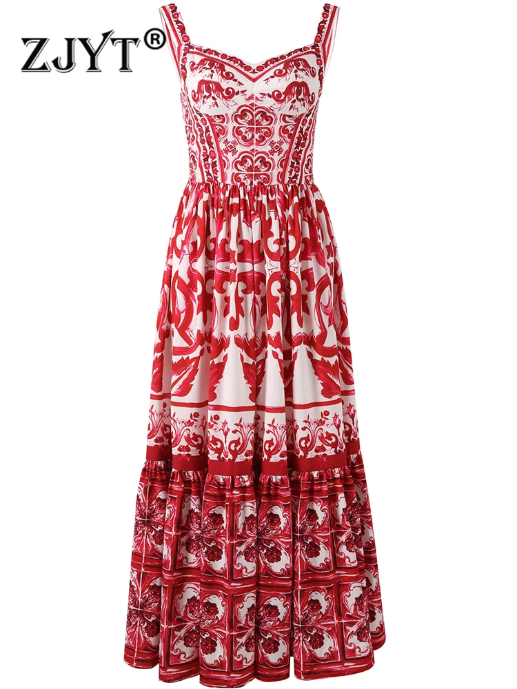

ZJYT Summer Designer Runway Spaghetti Strap Holiday Dress Long Women Fashion Vintage Print Sleeveless Boho Beach Vestidos Robe
