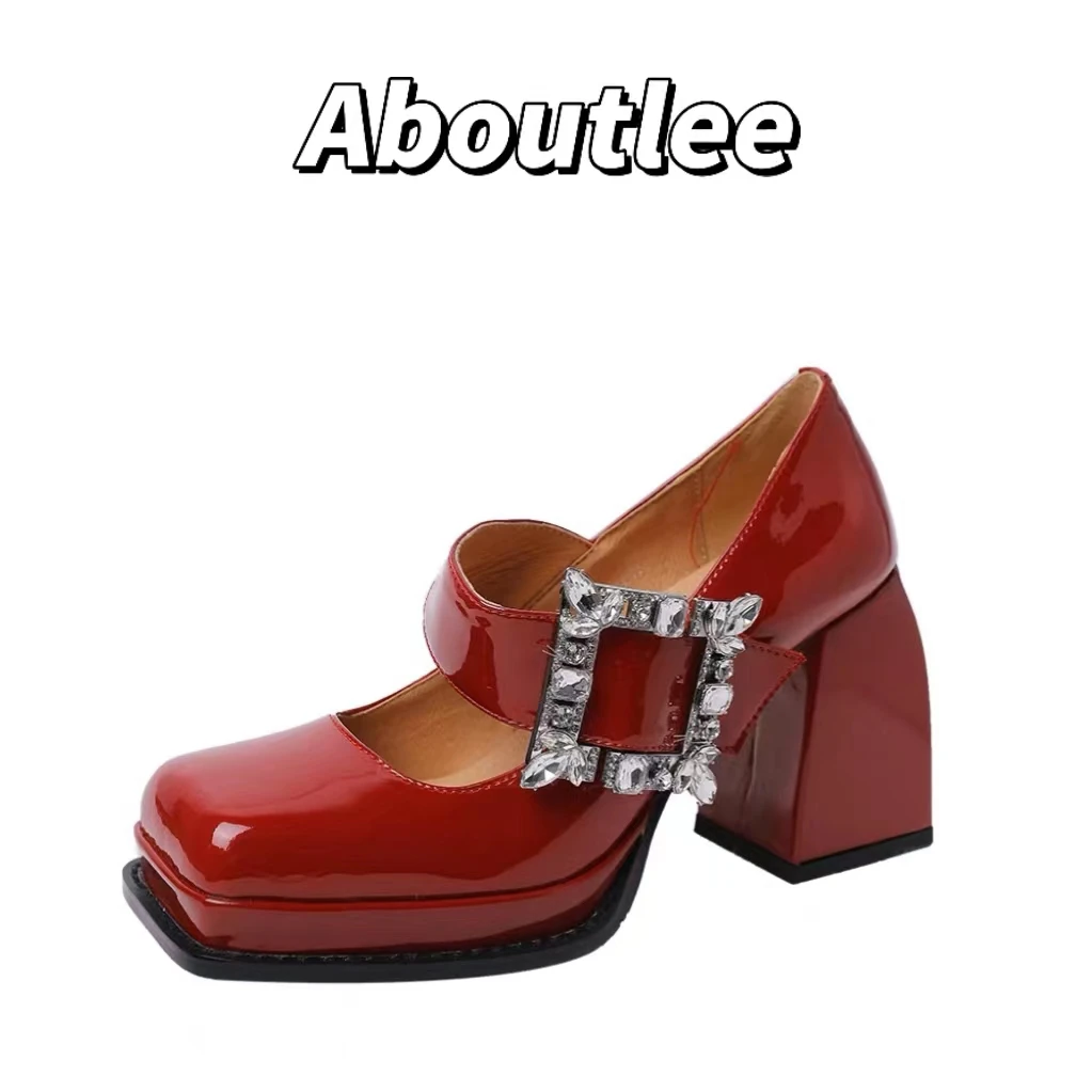 

Aboutlee New Mary Jane Square Toe High Heel Fashion Vintage Patent Leather Surface Rhinestone Decorated Women Thick Heel Sandals