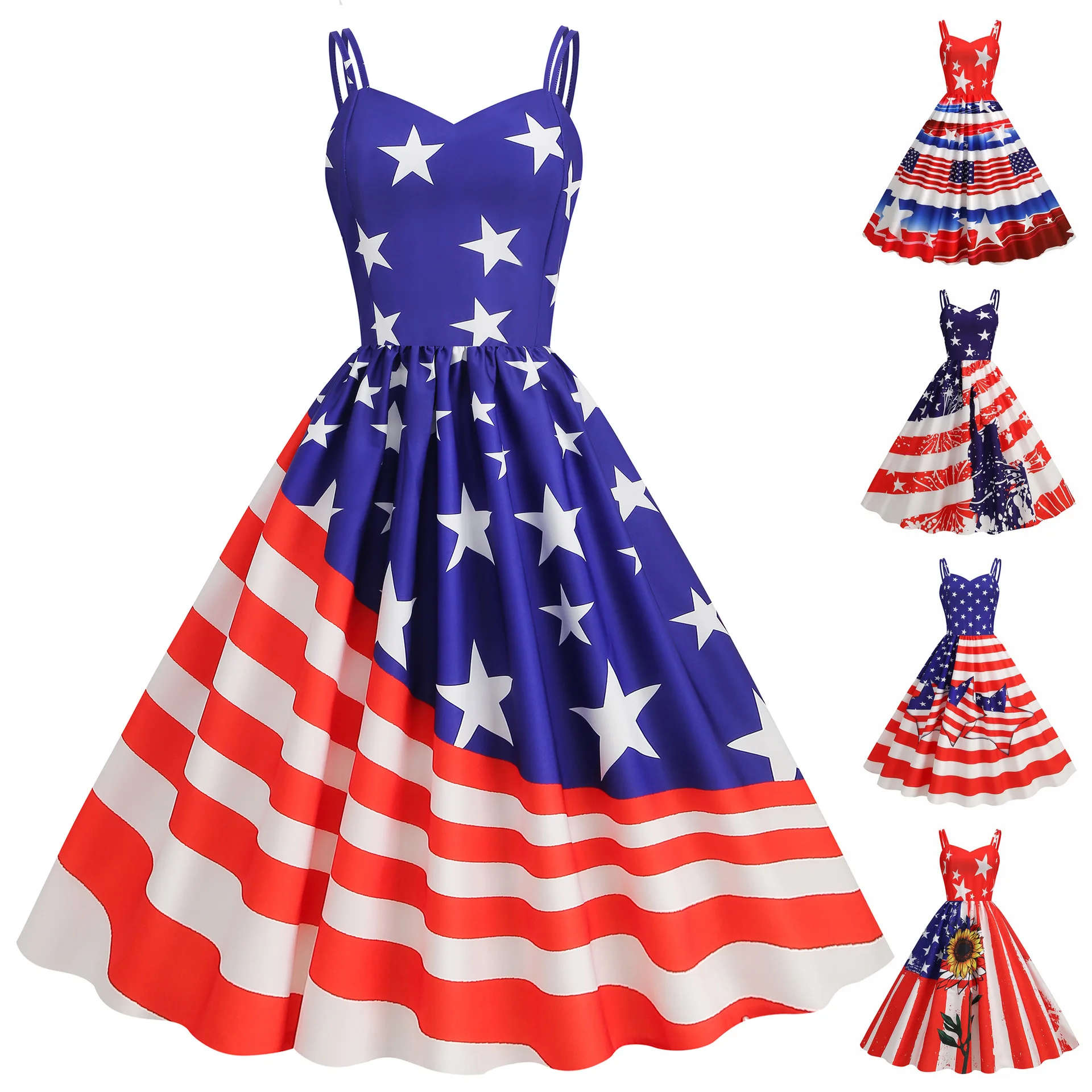 Independence Day Summer Sexy Strap Flag of the United States Printed Star Stripe Vintage Swing Dress
Independence Day Summer Sexy Strap Flag of the United States Printed Star Stripe Vintage Swing Dress