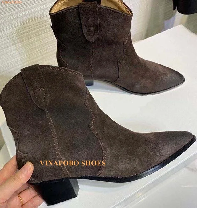 Genuine leather suede pointed toe square heel ankle boots women Chelsea boots khaki black wine red short Martin botas old effect
Genuine leather suede pointed toe square heel ankle boots women Chelsea boots khaki black wine red short Martin botas old effect