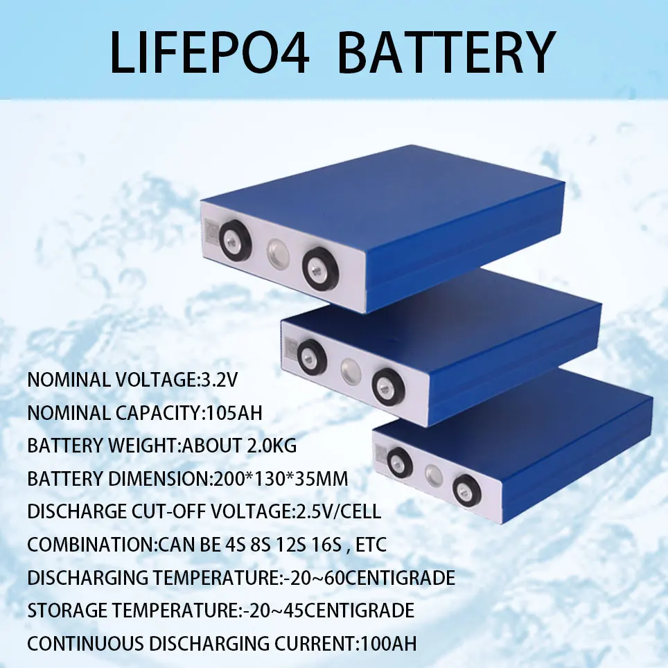 16PCS 3.2V 105Ah lifepo4 battery 3C 300A discharge for DIY 12V 24V 36V 48V 400Ah battery pack boat scooter caravan
16PCS 3.2V 105Ah lifepo4 battery 3C 300A discharge for DIY 12V 24V 36V 48V 400Ah battery pack boat scooter caravan
