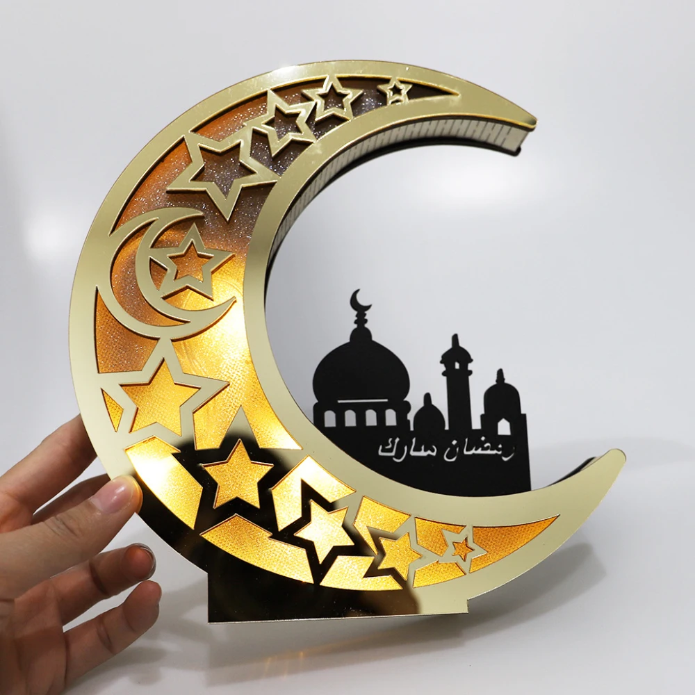 Wooden Eid Mubarak Ramadan Mirror Creativity Golden Moon Castle Hollow Letters With LED Lights Dining Table Decoration
Wooden Eid Mubarak Ramadan Mirror Creativity Golden Moon Castle Hollow Letters With LED Lights Dining Table Decoration