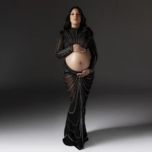Crystal Hot Fix Maternity Photo Shoot Dress Set Rhinestone Stretchy Pregnancy Photography Outfit Set Dress
