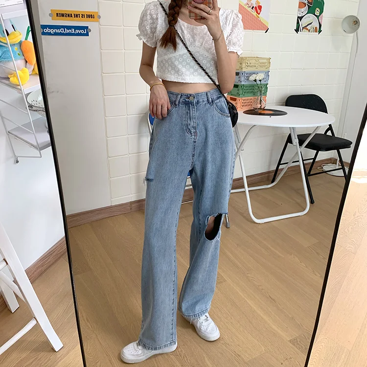 DD1704 New loose all-match high-waisted straight-leg pants women's design sense big hole trousers jeans
DD1704 New loose all-match high-waisted straight-leg pants women's design sense big hole trousers jeans