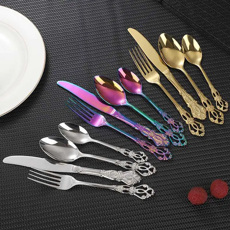 24pcs stainless steel cutlery Imperial Court steak knife and fork spoon gold hollow retro embossed coffee spoon
24pcs stainless steel cutlery Imperial Court steak knife and fork spoon gold hollow retro embossed coffee spoon