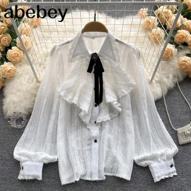 Elegant French Lace Blouse Women Gentle Ruffles Long Sleeve Loose Casual Tops Spring Temperament Office Lady Shirts
Elegant French Lace Blouse Women Gentle Ruffles Long Sleeve Loose Casual Tops Spring Temperament Office Lady Shirts