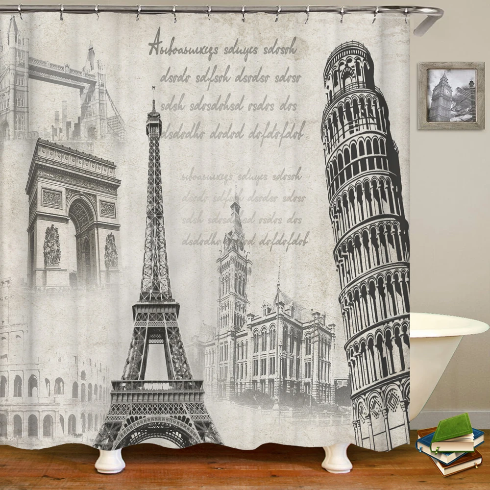 

Занавеска для душа в европейском стиле, водонепроницаемая тканевая занавеска С 3D принтом пейзажа, башня Парижа, Штора для ванной комнаты, Декор для дома, с крючками