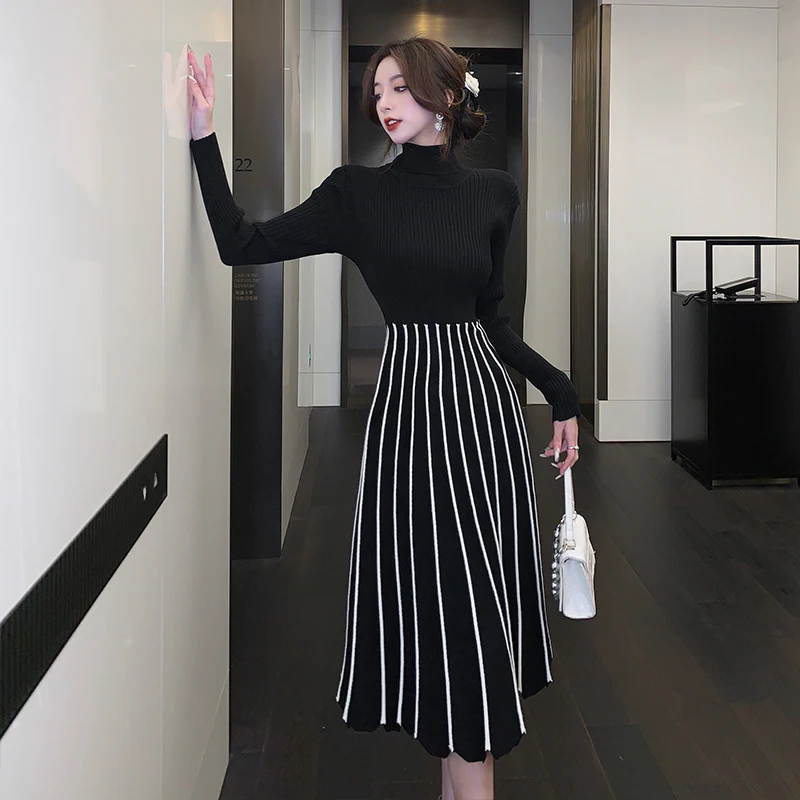 High Quality Fashion Casual Stripe Knitted Sweater Dress For Women Fall Winter Slim A Line Bottoming Midi Dress Vintage Robe
High Quality Fashion Casual Stripe Knitted Sweater Dress For Women Fall Winter Slim A Line Bottoming Midi Dress Vintage Robe