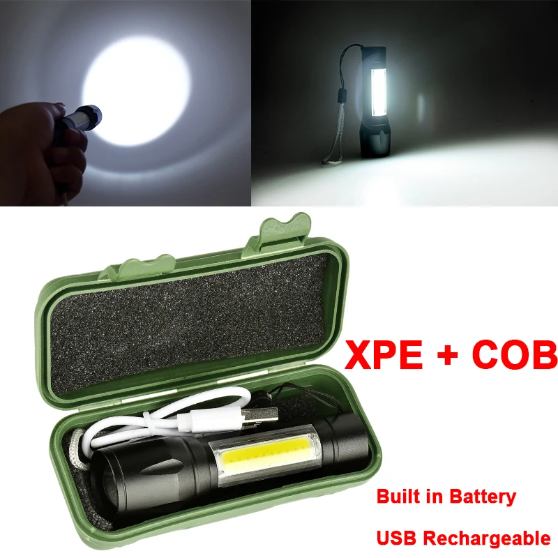 

Светодиодный фонарик XPE + COB со встроенным аккумулятором, миниатюрный портативный фонарь из алюминиевого сплава, уличная спортивная водонепроницаемая лампа, походный фонарь