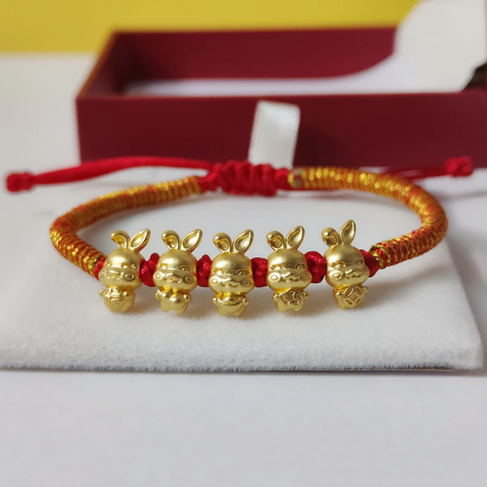 Новое поступление реальные 24K желтое золото 3D ремесло пять кроликов бусины красочное плетение браслет, лучший подарок