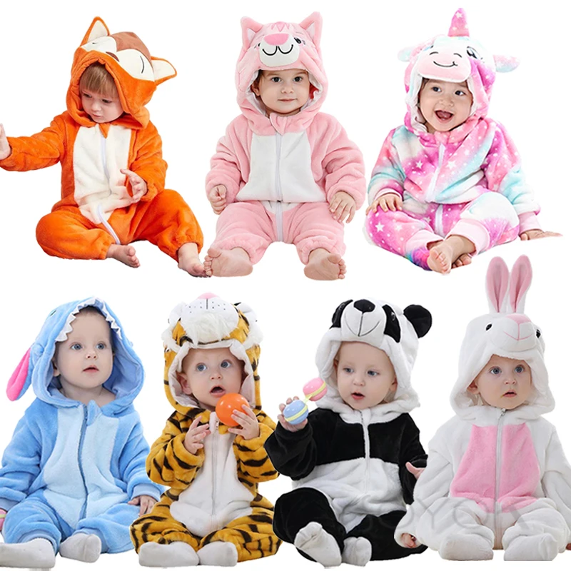 

Одежда для маленьких девочек, зимние фланелевые детские комбинезоны, цельный костюм с капюшоном, мультяшный Кот, единорог, косплей-костюм, д...