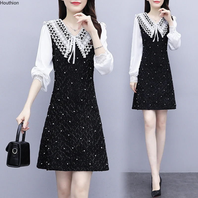 Summer New Women's Dress Doll Collar Long Sleeve Solid Color Lace Stitching Bow Fashion Loose Houthion
Summer New Women's Dress Doll Collar Long Sleeve Solid Color Lace Stitching Bow Fashion Loose Houthion