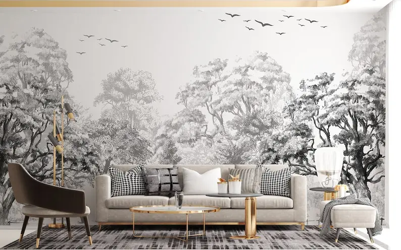 

Old black and white tree landscape wallpaper, removable, peel & stick wall mural, office wall decor, customizable living room wa