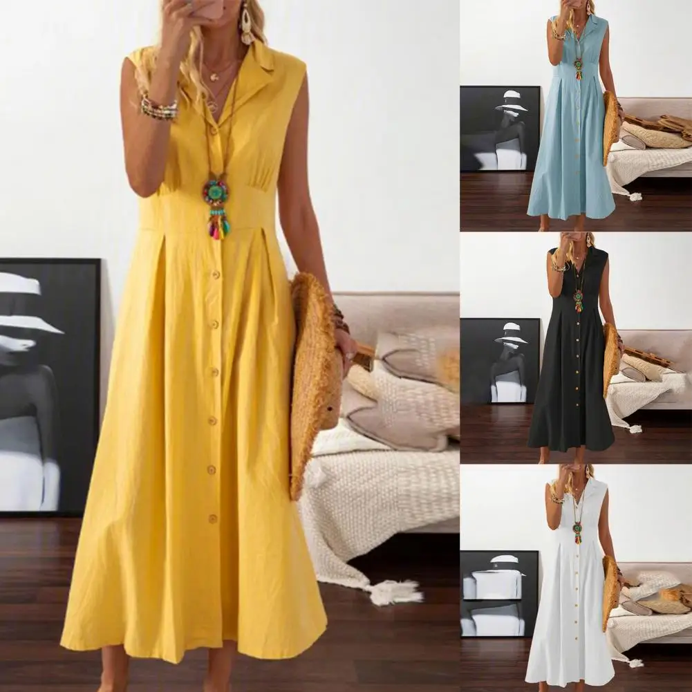 Vintage Casual Sleeveless Lapel Button A-Line Shirt Dress Solid Color Single-breasted Large Hem Long Dress for Work Streetwear
Vintage Casual Sleeveless Lapel Button A-Line Shirt Dress Solid Color Single-breasted Large Hem Long Dress for Work Streetwear