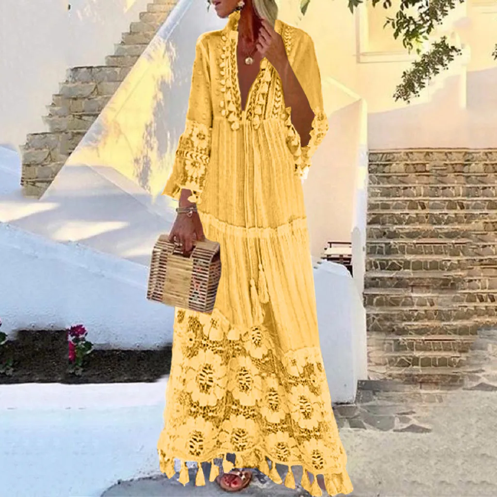

Осеннее модное богемное платье с V-образным вырезом, однотонные кружевные платья с бахромой, женское платье, Пляжное повседневное длинное платье-макси Indie
