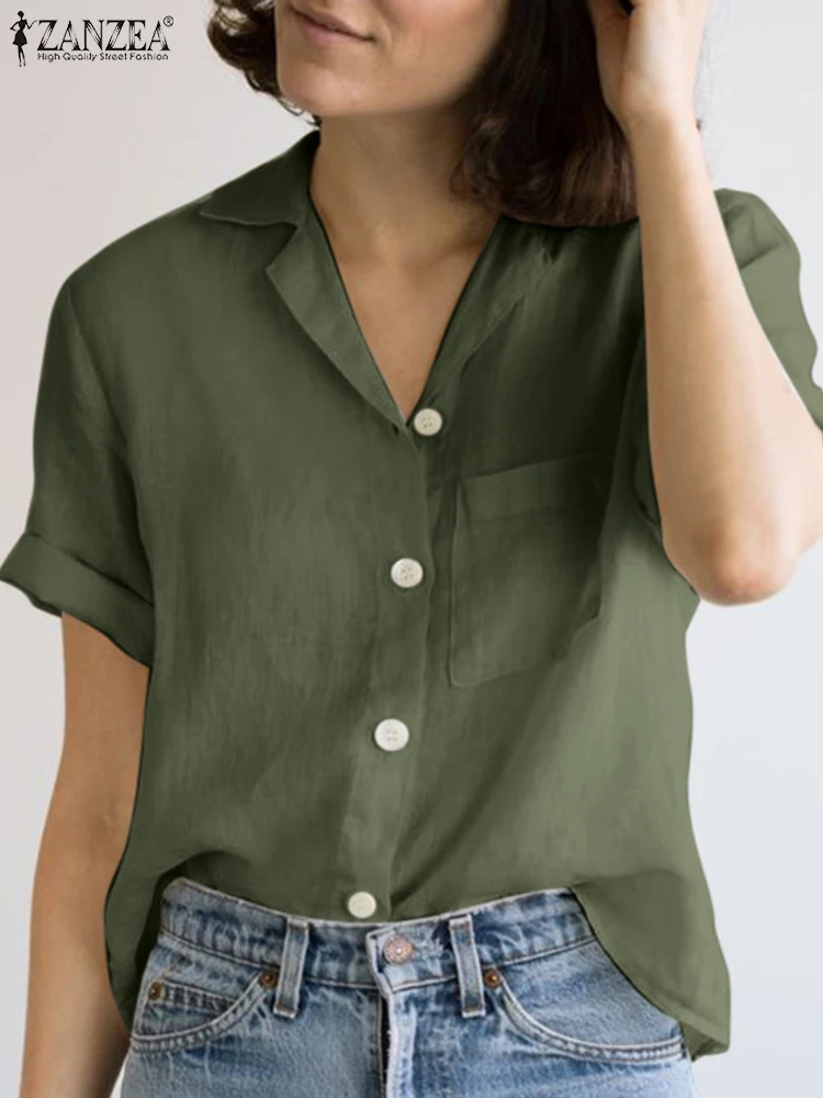 Блузка ZANZEA женская с коротким рукавом, Модная элегантная рубашка с отложным воротником, с передними карманами, офисная одежда в стиле оверсайз, лето 2023 
Блузка ZANZEA женская с коротким рукавом, Модная элегантная рубашка с отложным воротником, с передними карманами, офисная одежда в стиле оверсайз, лето 2023
