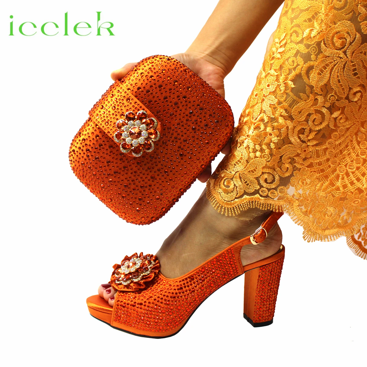 

Оранжевые туфли и сумка с открытым носком в итальянском стиле для девушек, украшение полностью из страз с аппликацией для свадебной вечерин...