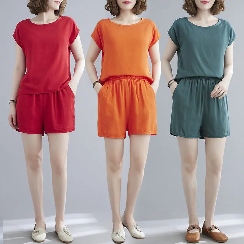 Summer Women New Brand Fashion Casual Shorts Set Solid Color O-Neck T-Shirt and Wide Leg Short Pants Suit Cotton Home Wear E08
Summer Women New Brand Fashion Casual Shorts Set Solid Color O-Neck T-Shirt and Wide Leg Short Pants Suit Cotton Home Wear E08