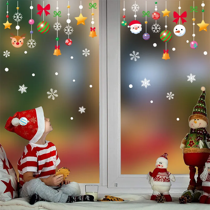 

Рождественские украшения, электростатические наклейки, шарики Санта-Клауса, снеговик, лось, подвеска для торгового центра, стеклянные наклейки для окна