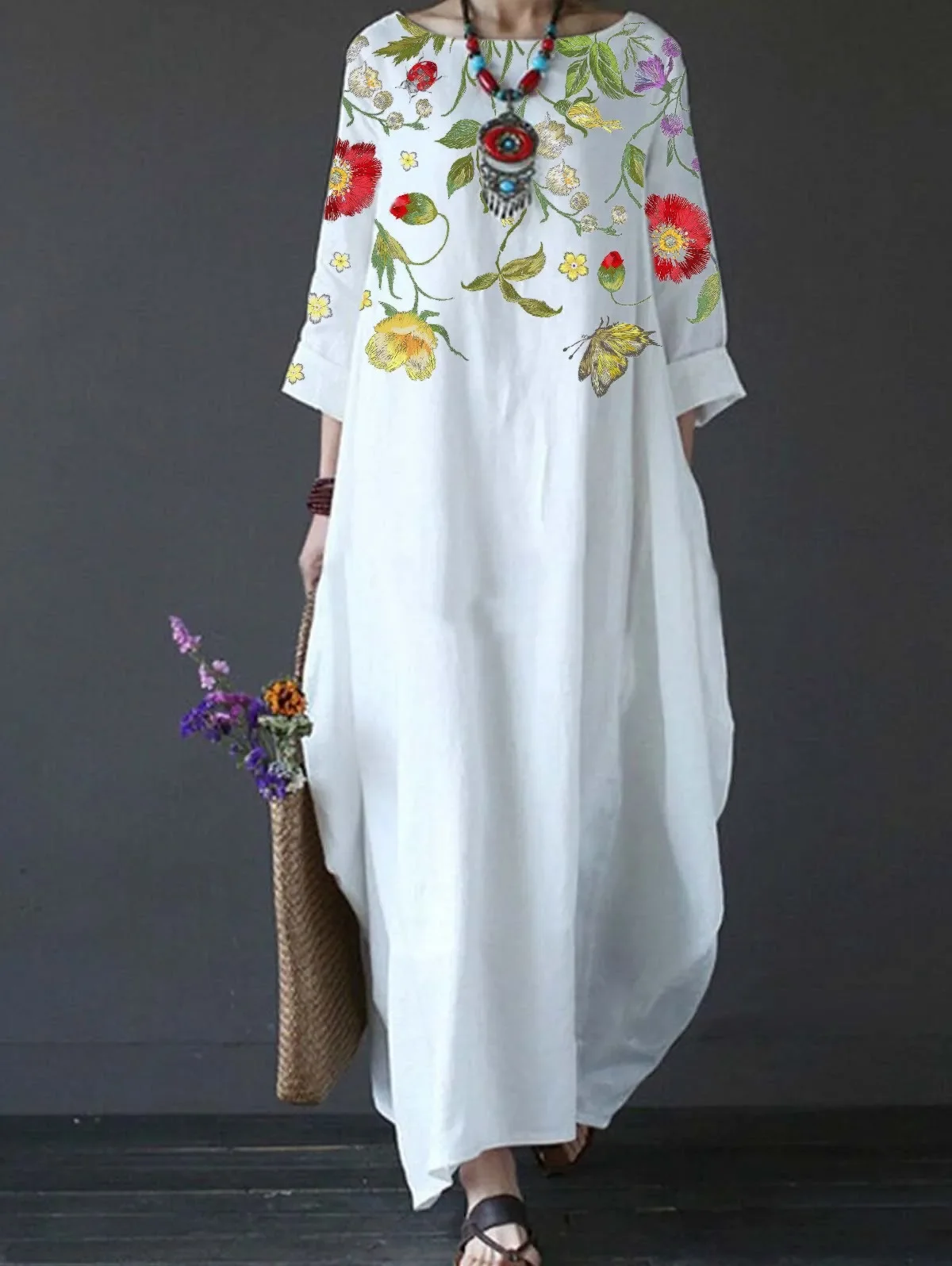 Women's Three-Quarter Sleeve Maxi Dress Crew Neck Loose Printed Casual Long Dresses Lady Solid Color Plus Size 5Xl White Dress
Women's Three-Quarter Sleeve Maxi Dress Crew Neck Loose Printed Casual Long Dresses Lady Solid Color Plus Size 5Xl White Dress