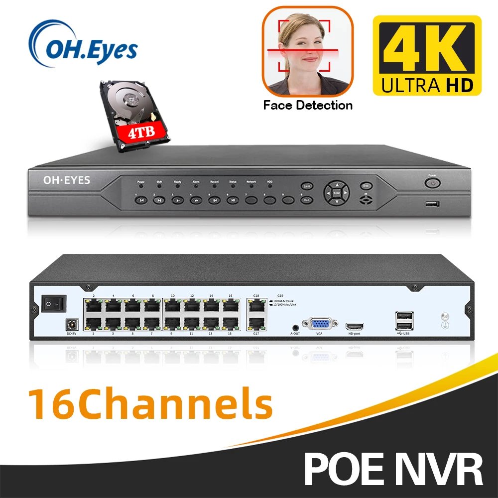 

4K 16CH Face Detection POE NVR H.265 Surveillance Security Video Recorder For POE IP Camera (1080P/2MP/4MP/5MP/8MP/4K)