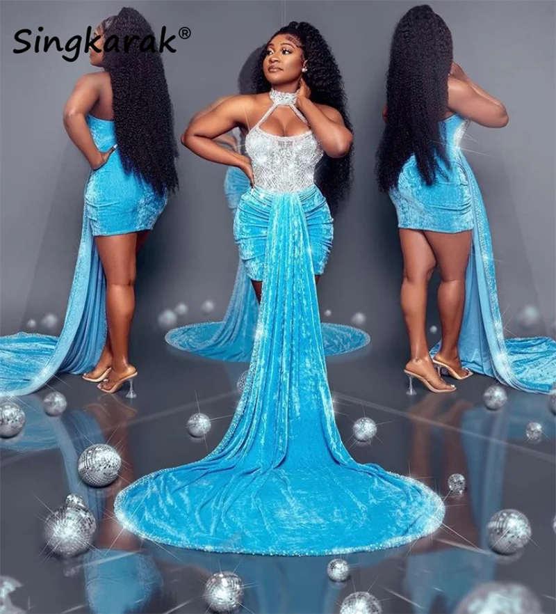 Glitter Sexy Blue Prom Dress 2022 For Black Girls Velvet Halter Rhinestone Beads MermaidCocktail Party Gowns Robe De Bal
Glitter Sexy Blue Prom Dress 2022 For Black Girls Velvet Halter Rhinestone Beads MermaidCocktail Party Gowns Robe De Bal