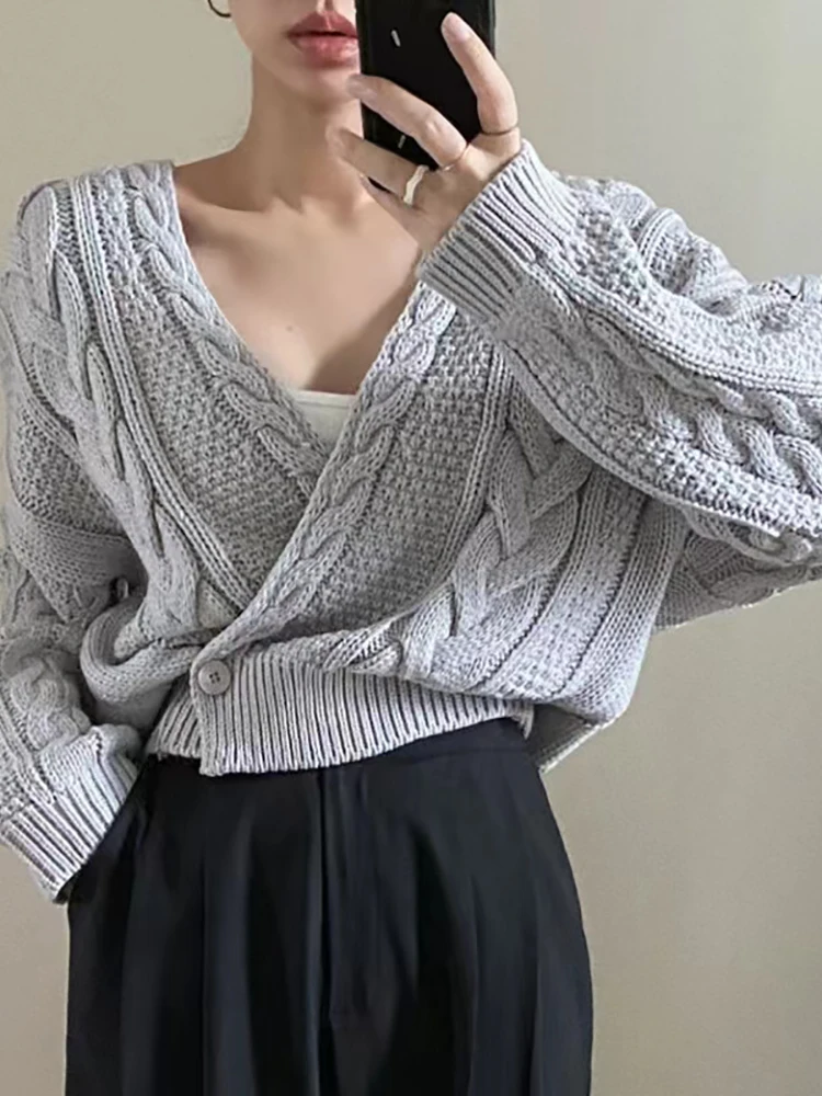 

Women 2022 Autumn And Winter Ribbed Solid Sweater Loose Plus Cardigans Cross Trim Casual V-Neck Sweater Highstreet